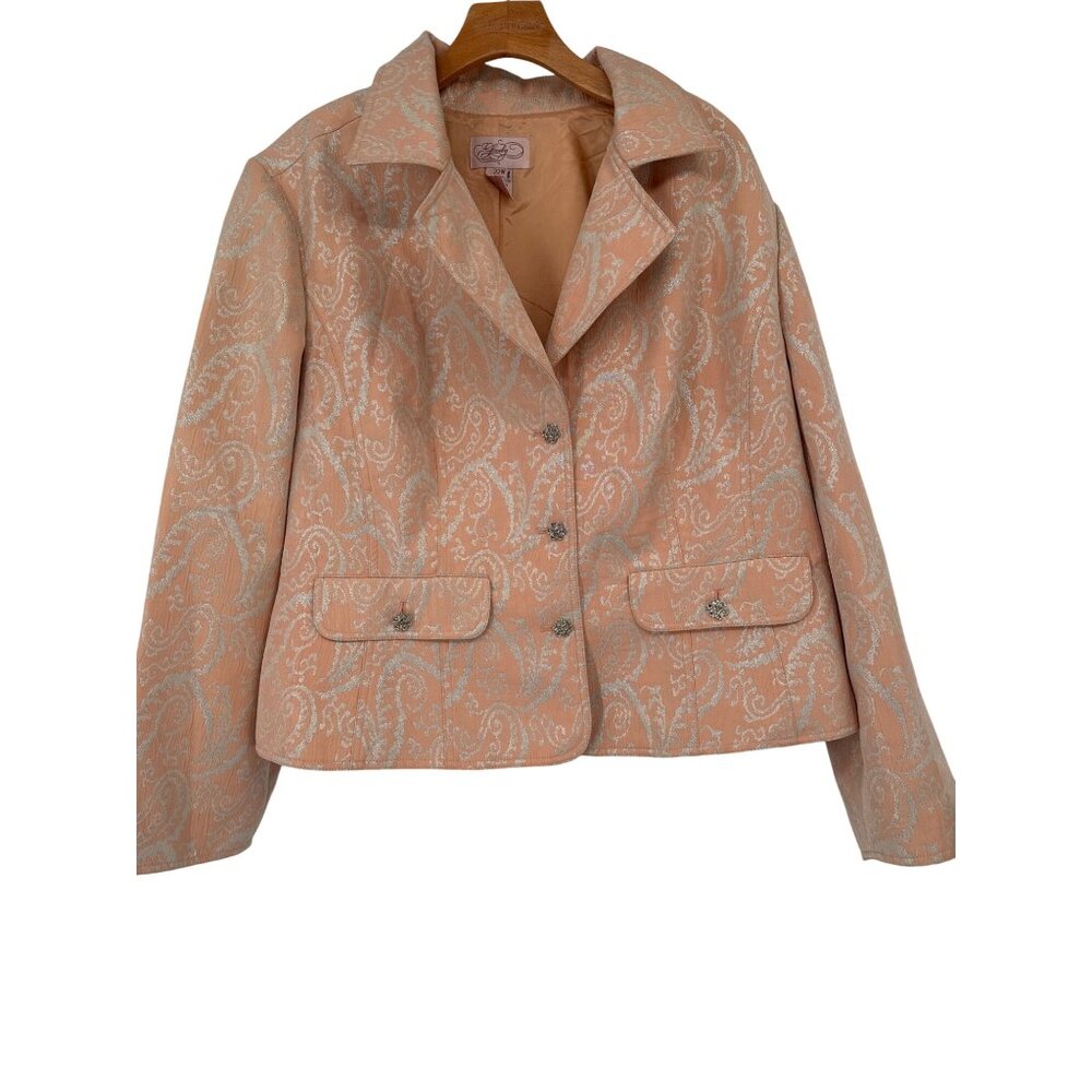 Lovely Peach Paisley Blazer jacket rhinestone buttons Womens size 22W plus